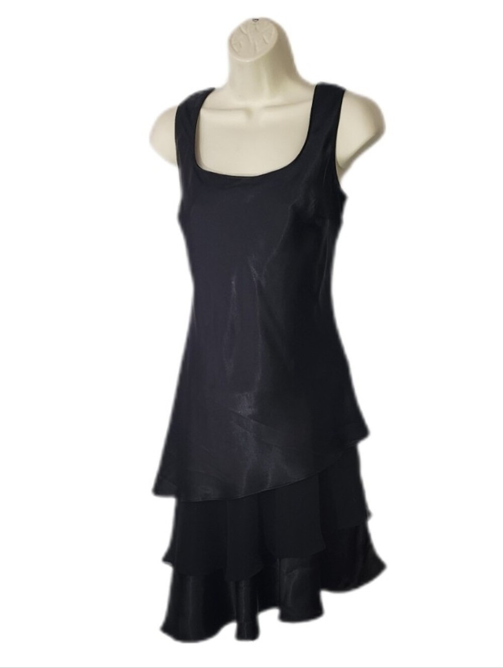 Karin Stevins Dress Satin Cocktail Layered Tiered Sleeveless Black Size 8